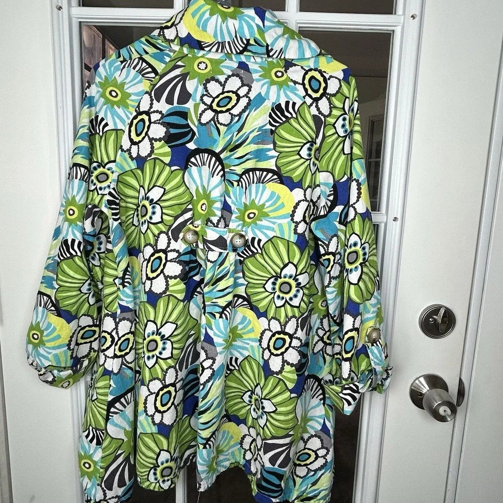 For Cynthia Linen Blend Floral Print Button Down Top Roll Tab Cuff Tunic Size L‎